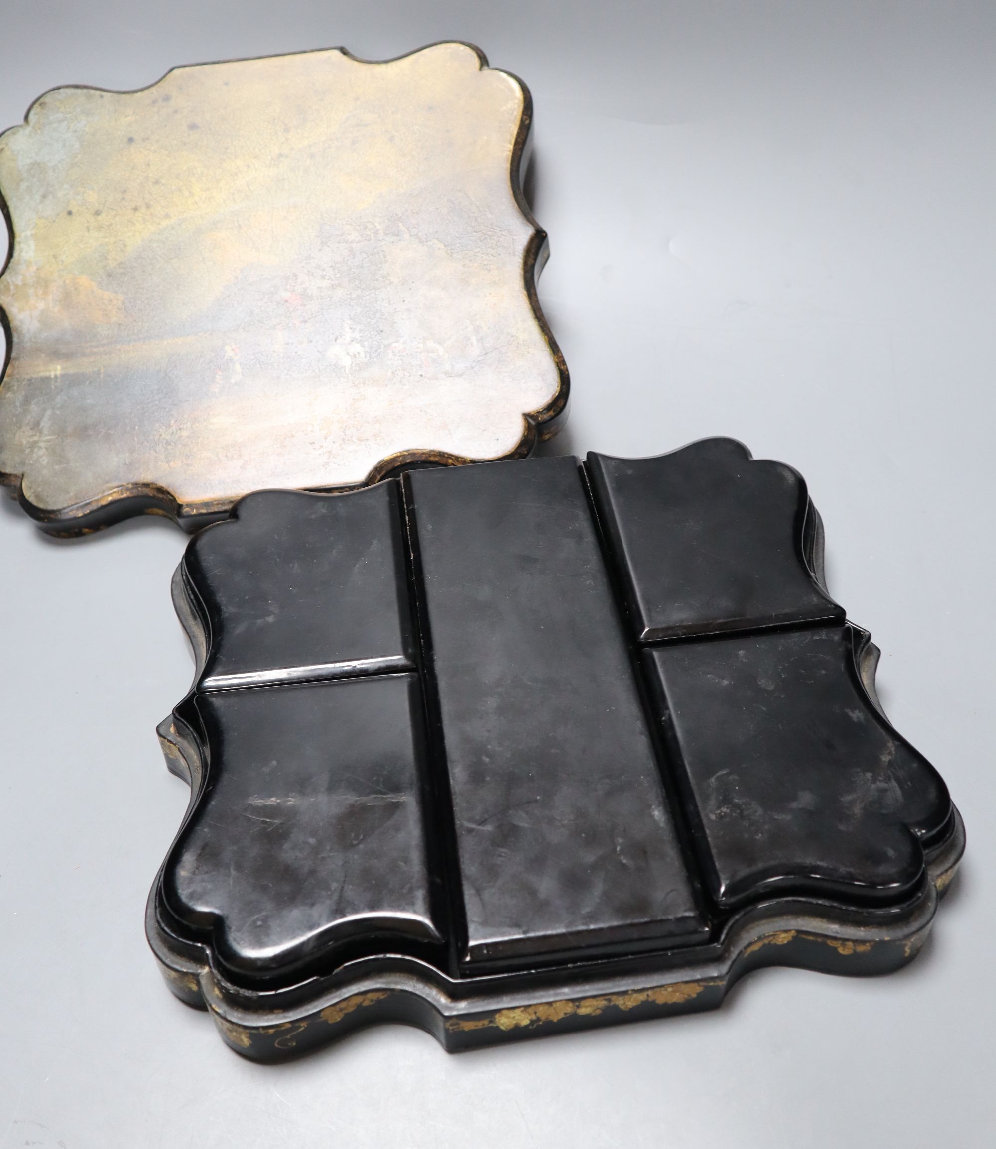 A Jennens and Bettridge papier mache box games box containing a quantity of Chinese mother of pearl counters, length 30cm